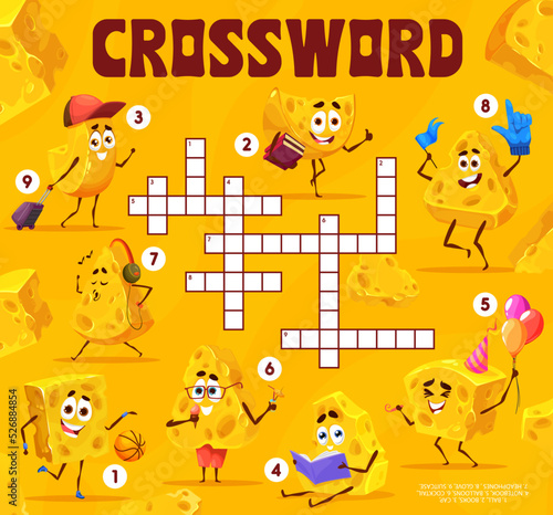 Crossword grid, cartoon maasdam and gouda cheese characters, vector word quiz game. Crossword worksheet grid to guess words of funny cheese piece with book, notebook and headphones or basketball ball photo