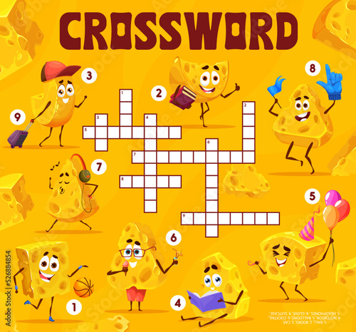 Crossword grid, cartoon maasdam and gouda cheese characters, vector word quiz game. Crossword worksheet grid to guess words of funny cheese piece with book, notebook and headphones or basketball ball