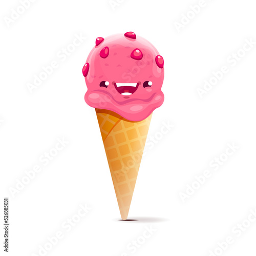Cartoon ice cream dessert character, kawaii strawberry waffle cone icecream personage with sprinkles. Isolated vector smiling dessert, melted pink ball with drips in wafer cup. Funny refreshment snack