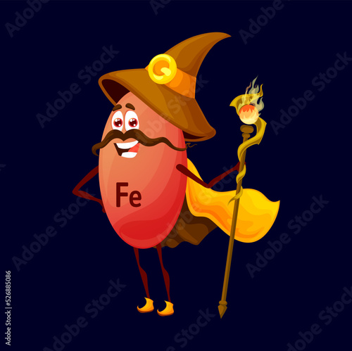 Cartoon ferrum or iron micronutrient wizard character. Isolated vector Fe warlock funny food supplement. Nutrient or element bubble mage, capsule personage wear witch hat, cape holding staff in hand