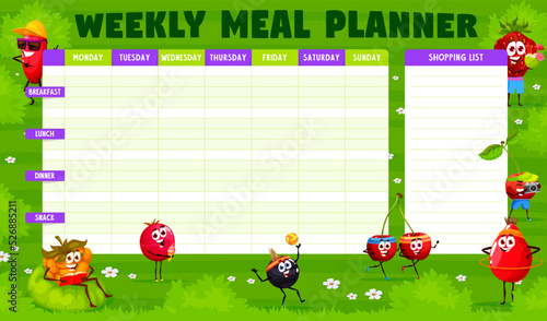 Weekly meal planner. Cartoon berry characters on green meadow walk. Diet schedule, nutrition plan daily timetable or meal menu everyday vector organizer with dogwood, cowberry and blackcurrant, cherry