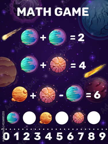 Math game, addition and subtraction kids puzzle worksheet. cartoon space comets, planets and stars. Preschool children mathematical riddle, math puzzle vector game with fantasy planets, asteroids