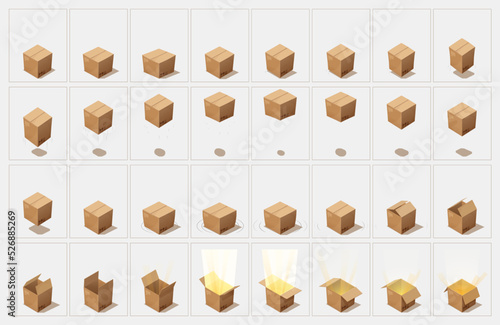 Cartoon jumping animated gift box sprite, vector mobile or video game animation. Cardboard delivery package, present or gift box jumping, swirling and opening motion animation sequence