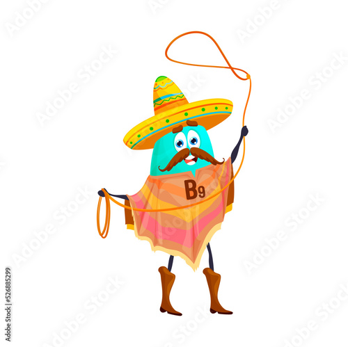 Cartoon vitamin B9 mexican cowboy character. Funny vector folic acid western robber spinning a lasso. Wild west personage wear sombrero hat, poncho and boots with rope. Texas hero bandit