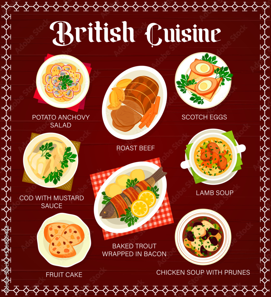 British cuisine menu page template. Potato anchovy salad, Scotch eggs and roast beef, cod with mustard sauce, lamb soup and baked trout wrapped in bacon, chicken soup with prunes, fruit cake