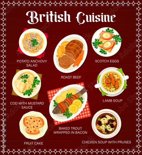 British cuisine menu page template. Potato anchovy salad  Scotch eggs and roast beef  cod with mustard sauce  lamb soup and baked trout wrapped in bacon  chicken soup with prunes  fruit cake