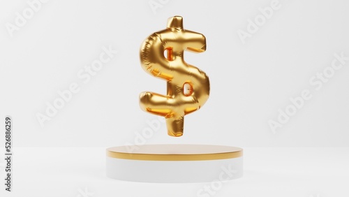 gold dollar currency balloon with pedestal or podium display on white background  3d rendering