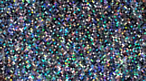 Colorful holographic shimmering crystals on black background. Dark iridescent glitter pixel mosaic.