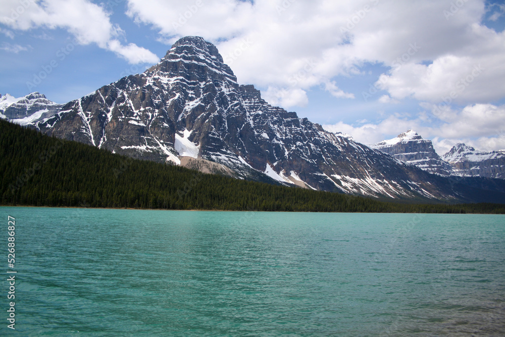 Mountain views from a lakeshore in Banff National Park in Alberta, Canada