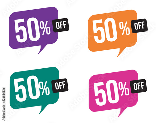 50 percent discount. purple, orange, green and pink balloons for promotions and offers. Vector Illustration on white background.