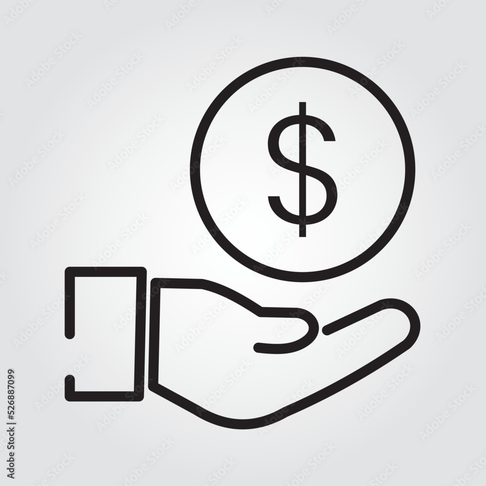 Save money icon, salary money, invest finance, hand holding dollar, line symbols on grey background. Eps10 vector illustration Save money icon, salary money, invest finance, hand holding dollar, line symbols on grey background. Eps10 vector illustration