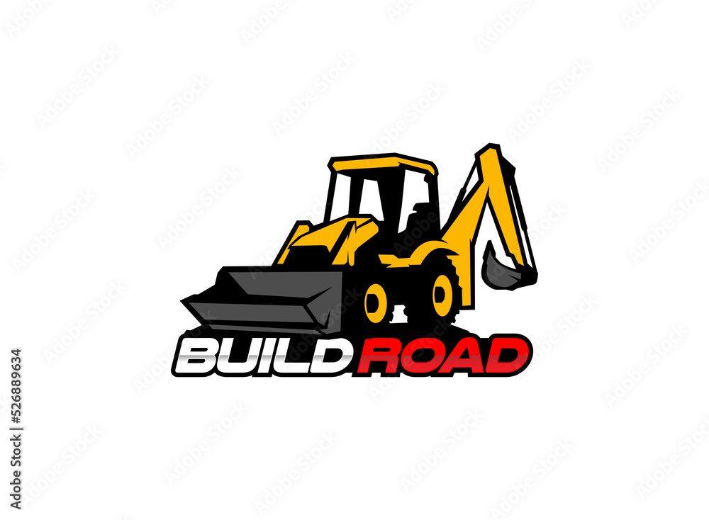 Naklejka premium Backhoe excavator logo vector for construction company. Heavy equipment template vector illustration for your brand.