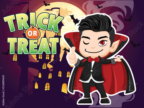 Vampire Cartoon Halloween Character With Trick Or Treat Text Effects. Vector illustration