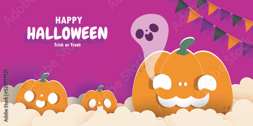 Happy Halloween trick or treat paper cut style pumpkins and ghost, fun party celebration invitation banner template, poster background Vector illustration