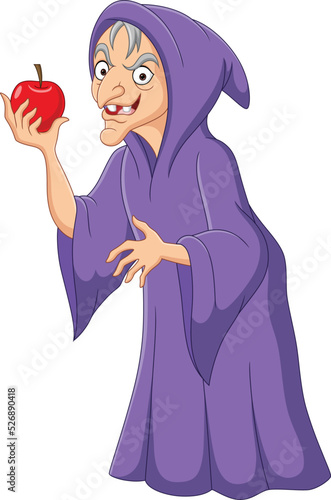 Cartoon old witch holding red apple