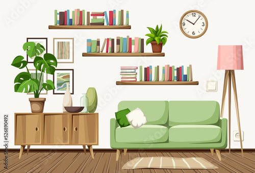 Cozy living room interior with a sofa, a dresser, books on bookshelves, a floor lamp, and a monstera in a pot. Cartoon vector illustration