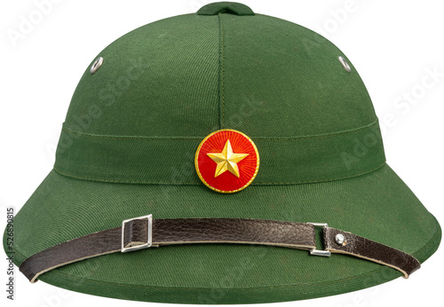 Military classic green helmet with golden star isolated on white background with work path. photo