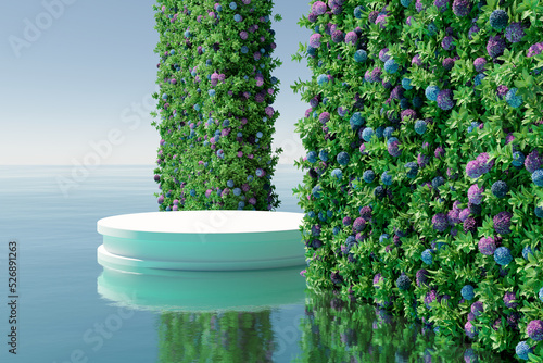 3D rendering  Platform and natural podium background on sea with colorful flower wall for product  stand display advertising cosmetic beauty products or skincare with empty round stage