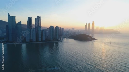 Gwangan Bridge and Haeundae aerial view at Sunrise, Busan, South Korea photo