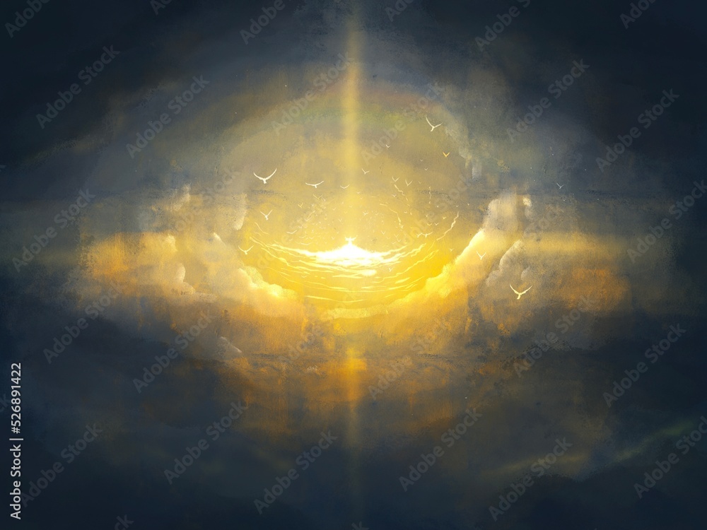 Second coming of Jesus, a depiction of the glorious advent, Revelation New Testament, Adventism religious illustration imagery. Prophecy of Jesus coming back to Earth. - obrazy, fototapety, plakaty 