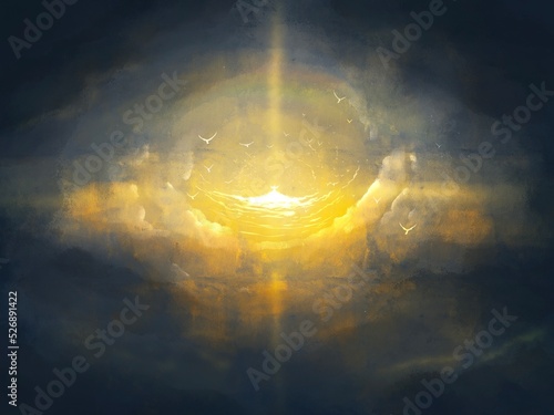 Second coming of Jesus, a depiction of the glorious advent, Revelation New Testament, Adventism religious illustration imagery. Prophecy of Jesus coming back to Earth. photo