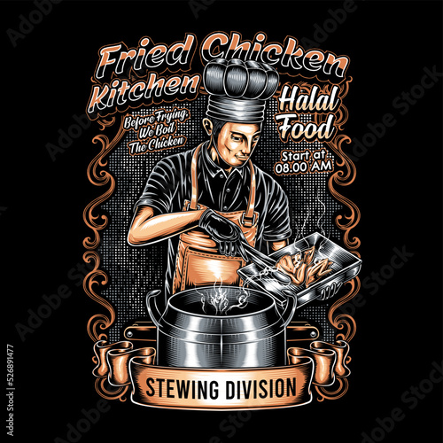 illustration of a chef in the kitchen cooking chicken