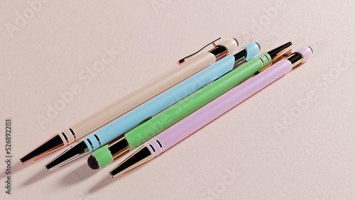 close up of pastel pens on pastel pink background 3D render