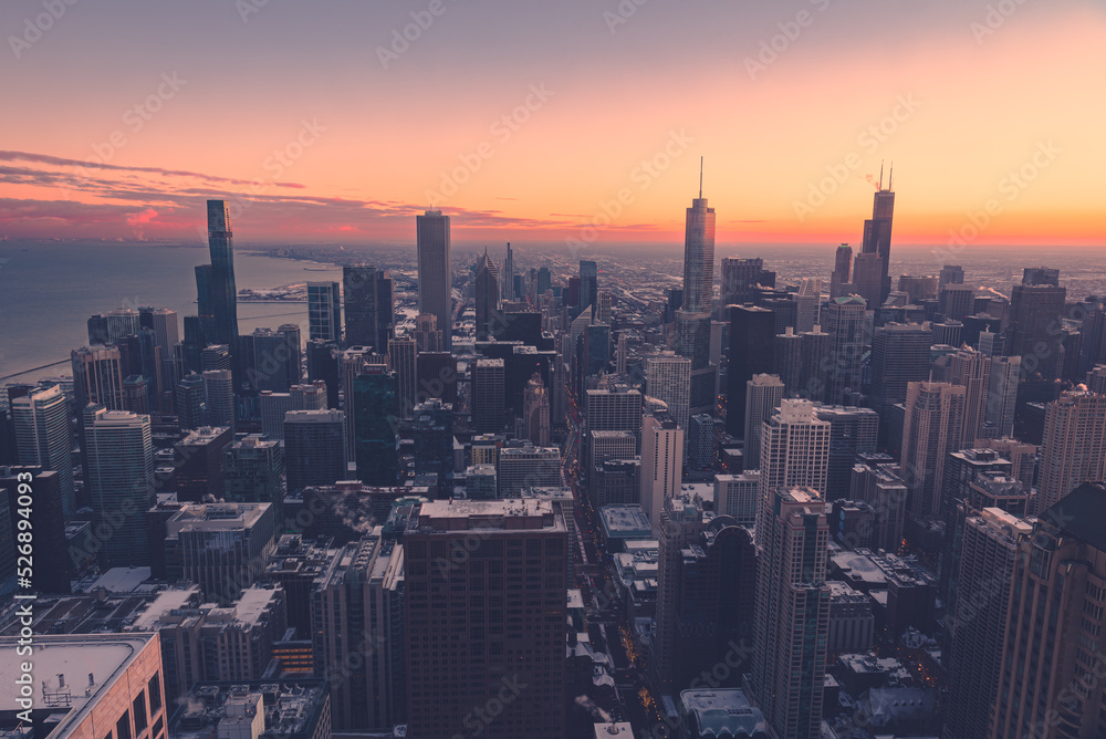 Cityscape aerial view of Chicago from observation deck at sunset.	
