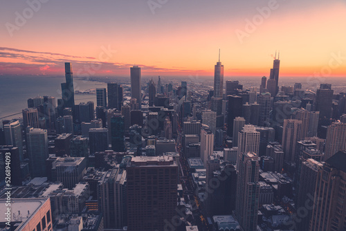 Cityscape aerial view of Chicago from observation deck at sunset.  