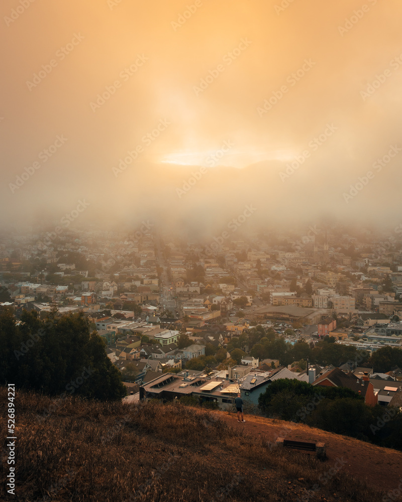 Sunset view from Bernal Heights on a foggy evening, San Francisco, California