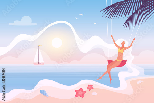 Summer vacation and holidays on sea or ocean coast vector illustration. Cartoon young woman sitting on swing on tropical beach, girl swinging over sea waves and sand background. Dream, freedom concept