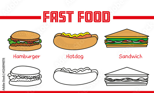 Fast food color and blanck and white icons hamburgur, hotdog and sandwich outline vector set photo