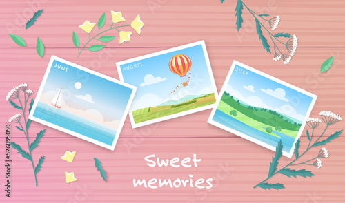 Summer travel memories album design vector illustration. Cartoon photos from vacations on wooden board with herbs, sailboat in blue waters of sea, hot air balloon in sky and landscape summertime