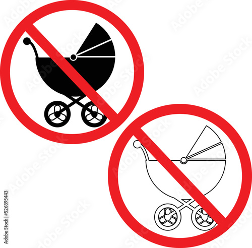 No pram sign on white background. Baby carriage not allowed sign. No strollers or pushchair symbol. flat style.