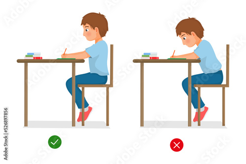 correct and incorrect sitting body postures of little boy studying at the desk