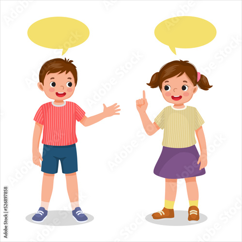cute kids little boy and girl talking each other with speech bubble