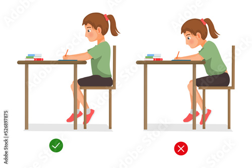 correct and incorrect sitting body postures of little girl studying at the desk