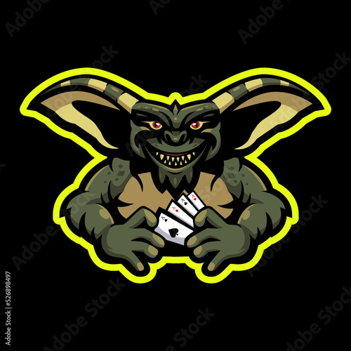 Vector of scary cartoon gremlin monster  holding card