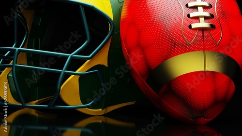American football Yellow-Green helmet and Red-Black Ball under foggy black laser lighting. 3D illustration. 3D CG. 3D high quality rendering.