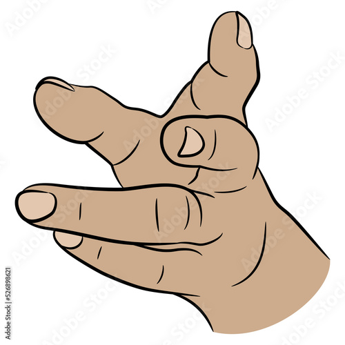 Human hand with clenched fingers. Reaching forward gesture. Empty palm. Front view. Cartoon style. Isolated vector illustration. 