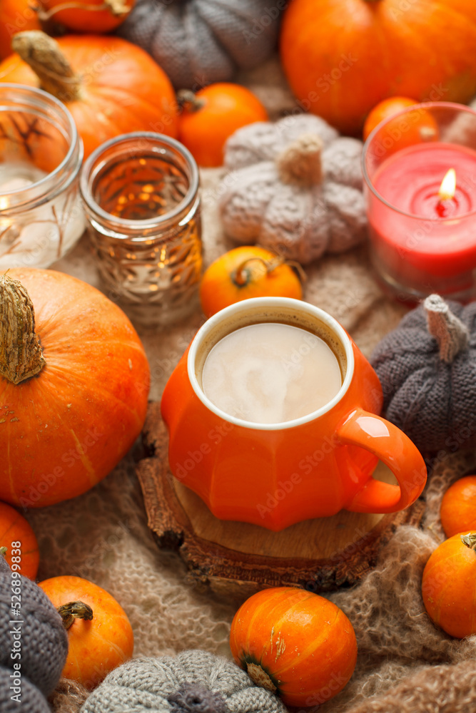 Autumn cozy mood composition. Cup mug of spicy latte, Pumpkins, knitted decor, cones, candles on warm plaid. Autumn, fall, hygge home decor. Greeting crd, invitation, seasonal menu Autumn cozy mood composition. Cup mug of spicy latte, Pumpkins, knitted decor, cones, candles on warm plaid. Autumn, fall, hygge home decor. Greeting crd, invitation, seasonal menu