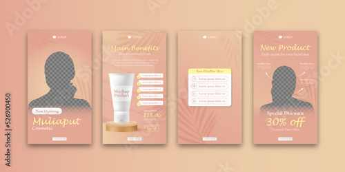 Beauty cosmetic social media stories template with mockup bundle banner set