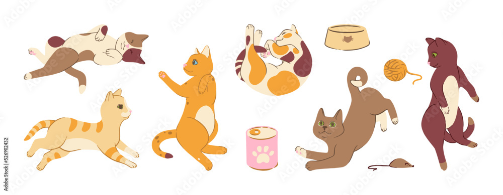 Obraz premium Cat poses doodle set with toys and food. Cats with accesories. Cute vector illustration