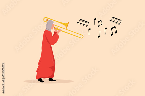 Business design drawing trombone player. Arab female performer play wind instrument. Music artist girl. Jazz woman. Musician play trumpet. Classic music event. Flat cartoon style vector illustration