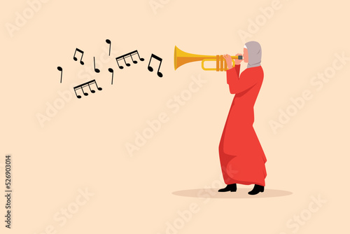 Business flat cartoon style drawing Arabian woman playing trumpet. Music instrumental. Jazz musician playing trumpet instrument. Trumpet player. Orchestra performer. Graphic design vector illustration