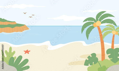 Beach with palm trees. The waves crash and the island is visible in the distance. flat design style vector illustration.