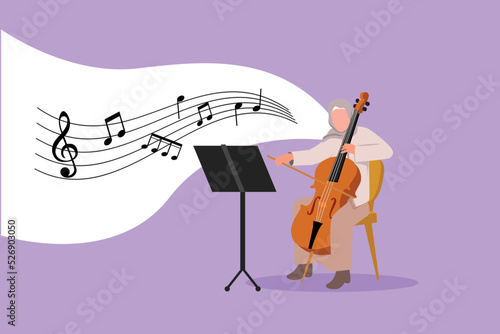 Business flat drawing young talented Arab female performer playing on contrabass. Cellist woman playing cello, musician playing classical music instrument. Cartoon character design vector illustration