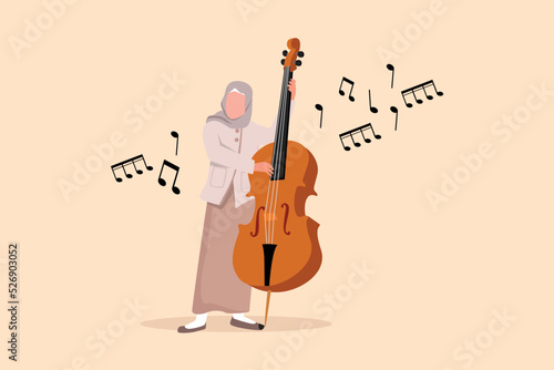Business design drawing double bass player standing with big string instrument. Arab woman musician playing classical music with fingers. Professional contrabassist. Flat cartoon vector illustration