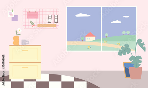 Cozy room. You can see the village outside the window. flat design style vector illustration.