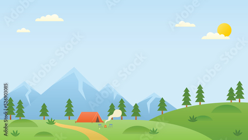 There is a wide sky and a small tekt above the mountains and hills. flat design style vector illustration.